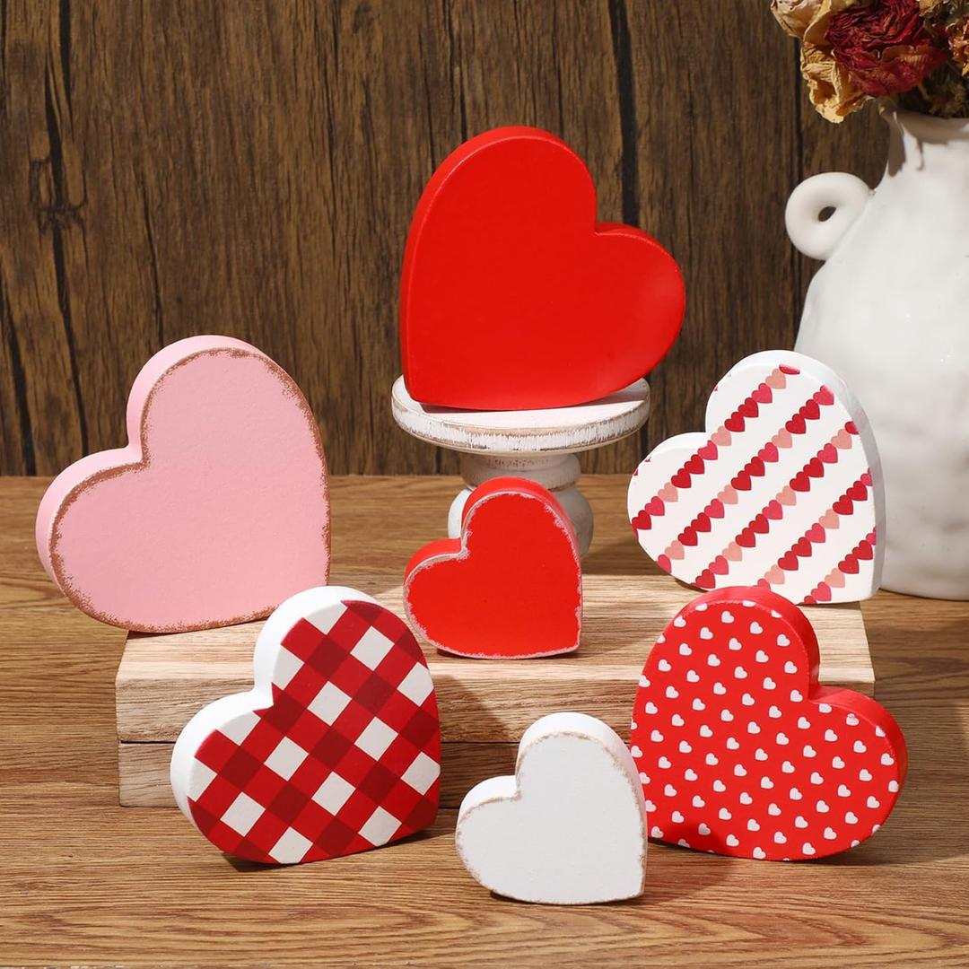 GlikCeil 7 Pcs Valentine's Day Wooden Heart Signs Valentine's Day Decorations Red Pink Heart Tabletop Centerpiece Rustic Tiered Tray Decor for Valentines Wedding Anniversary Farmhouse Party
v