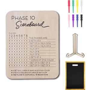Phase 10 Score Board, 2025 New Wooden Scoreboard with 8 Colored Pegs & Black Handbag as a bonusfor Phase 10 Card Game Phase Ten Score and Round Tracker Fun Board Games for Families (Original Wood)