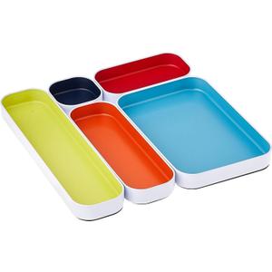 Three by Three Seattle 5 Piece Shallow Metal Organizer Tray Set for Storing Makeup, Stationery, Utensils, and More in Office Desk, Kitchen and Bathroom Drawers (1 Inch, Assorted Colors)