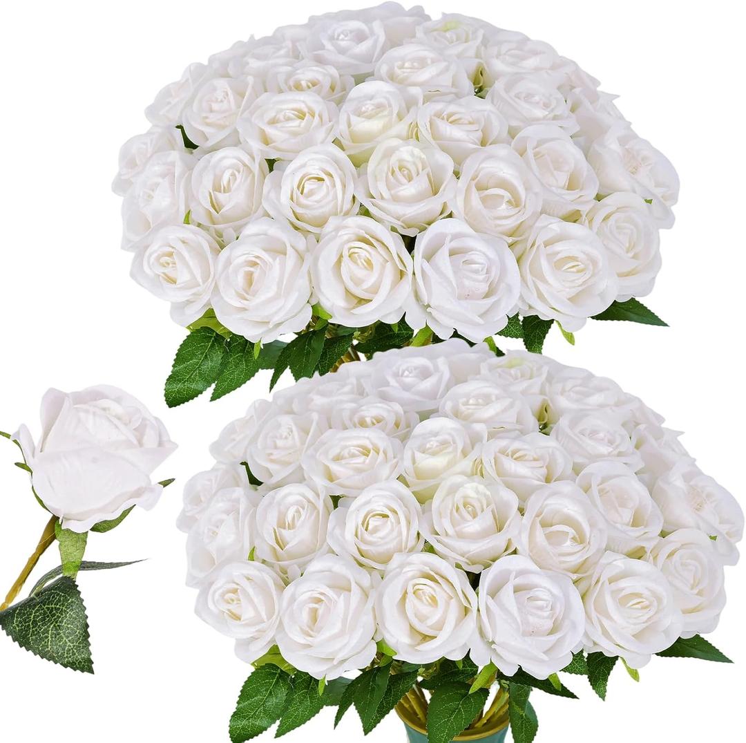 50 PCS White Roses Artificial Flowers, Fake White Roses Bouquet,White Artificial Silk Roses with Stems for DIY Wedding Flowers Decoration, Valentines Day Mothers Day, Bridal Bouquet Roses