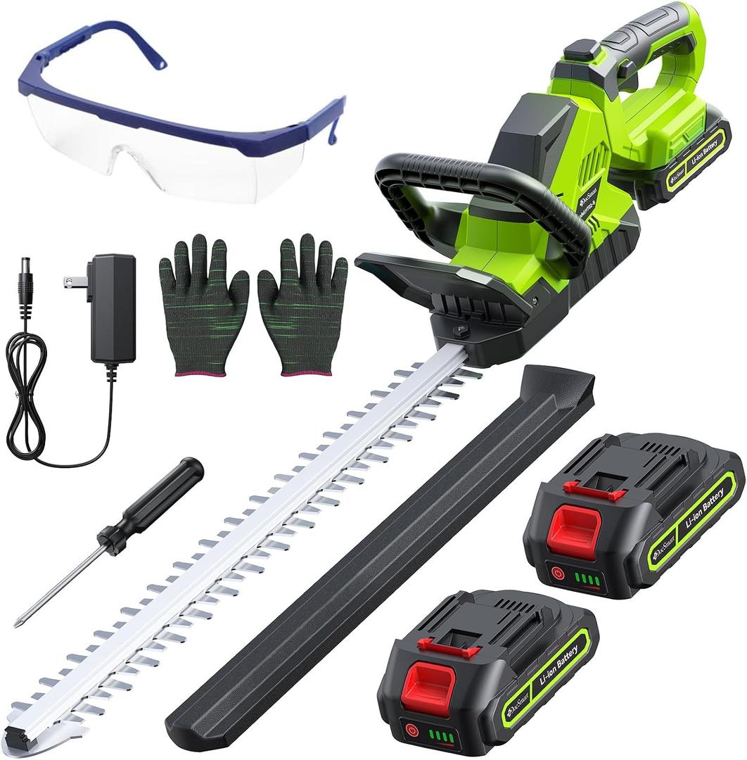 20'' Hedge Trimmer Cordless with Battery, 3000RPM Electric Handheld Bush Clipper with 2pcs 2000mAh Rechargeable Batteries, 180 Rotatable Head, 2/3'' Blade Gap Green, Gifts for Men Dad Father
