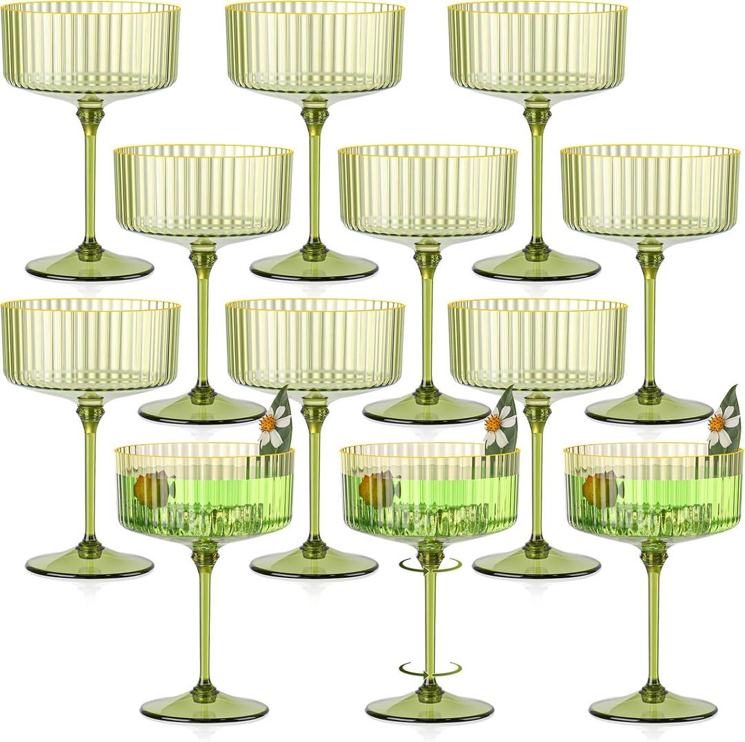 12 PCS Gold Rim Plastic Champagne Coupe Cup Sage Green Ribbed Coupe Glasses 10oz Detachable Espresso Martini Glass Vintage Margarita Glassware Cocktail Glass Set for Baby Shower Christmas Wedding