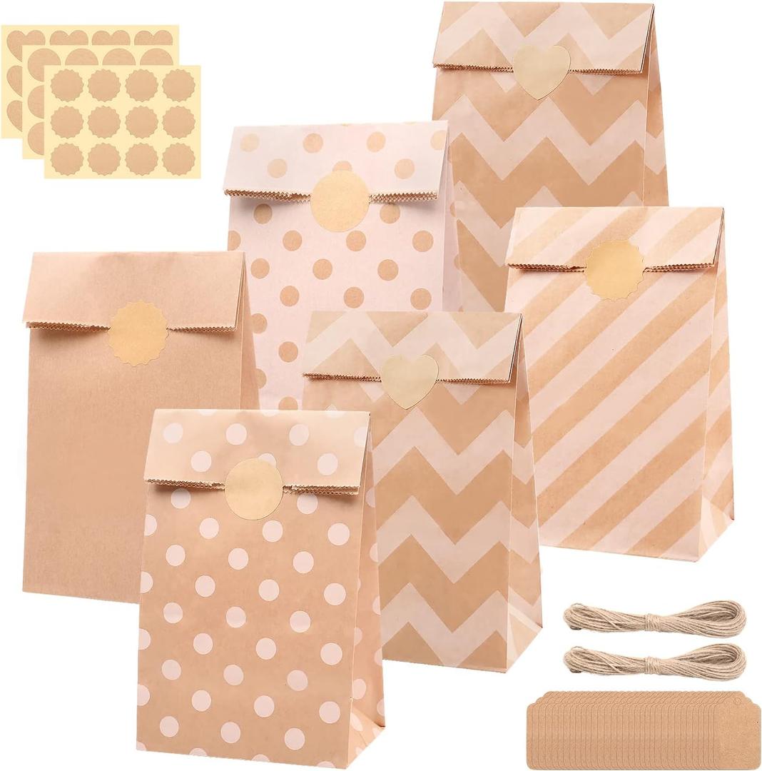 30PCS Party Favor Paper Bags, Kraft Paper Treat Bags for Bakery Candies Dessert, Brown Paper Kraft Snack Bag Cookie Party Faor Bags Bulk for Birthday Wedding Baby Shower Graduation, 5.1x3.1x9.5 Inch