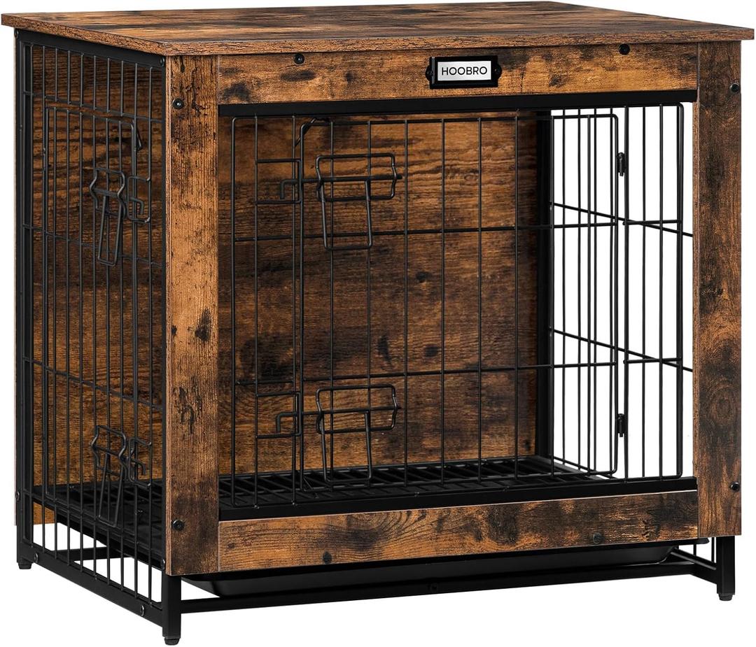 Dog Crate Furniture, 25.5" Small Dog Kennel Indoor, Wooden Cage with Pull-Out Tray, Double Doors Pet House Side End Table for Small/Medium Dogs, Rustic Brown BF642GW03G1 (25.2L x 19.7W x 23.6H)