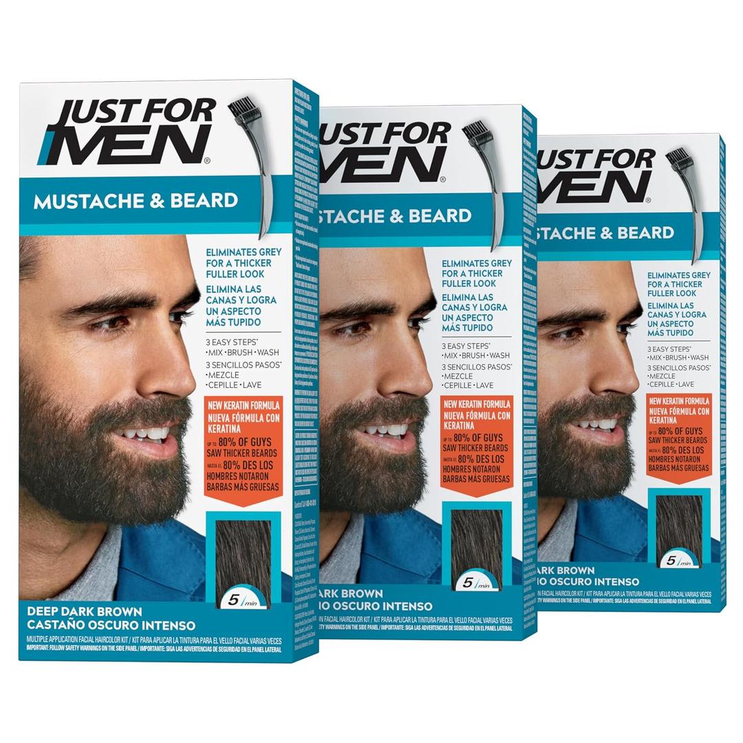 Just For Men Mustache & Beard, Beard Dye for Men with Brush, With Keratin Biotin Aloe and Coconut Oil for Healthy Facial Hair - Deep Dark Brown, M-46, Pack of 3 