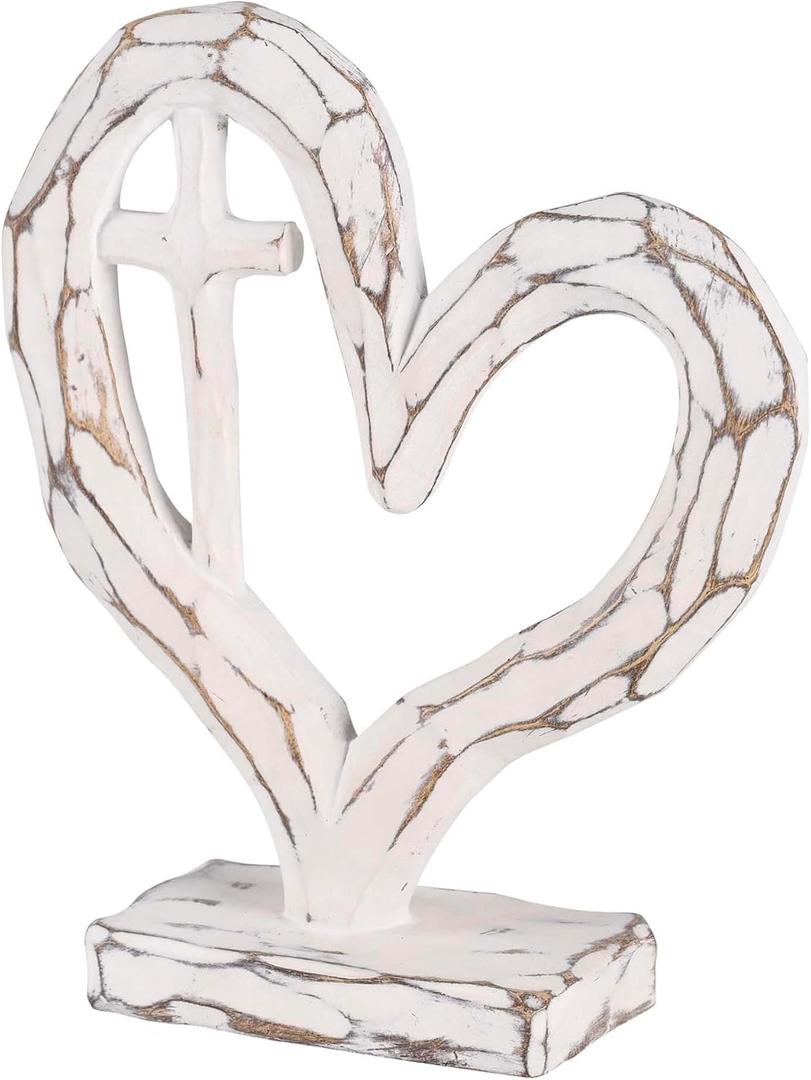 Dicksons Carved Heart with Cross, Distressed White, 6 x 5 inch Resin, Pedestal Table Top, Inspirational, Decorative Figurine