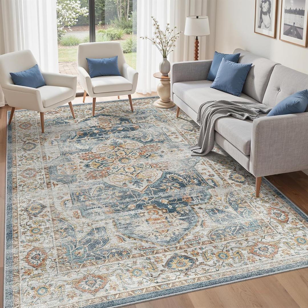 befbee 5x7 Area Rugs for Living Room,Stain Resistant Washable Rug,Non-Slip Backing Rugs for Bedroom,Kitchen,Printed Vintage Home Decor Rug (Navy, 5'x7')