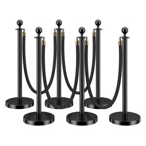 LOVMOR 6PCS Stanchion Post, Crowd Control Barriers, 5 ft Black Velvet Rope Red Carpet Ropes and Poles, Stainless Steel Gold Stanchions Used for Theaters, Parties, Wedding, Exhibition