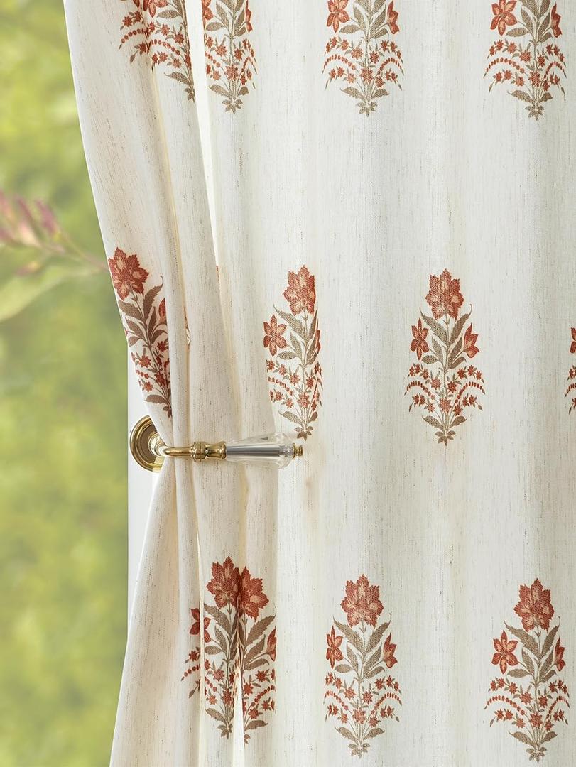 Pinch Pleated Curtains Light Filtering Red Floral Curtains for Living Room Bedroom Dining Room 84 Inches Luxury Linen Drapes Farmhouse Window Curtains with Hooks - 2 Panels Set, 40" x 84" (White Brown)
