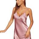 SweatyRocks Women's Satin Lace Lingerie V Neck Sleeveless Nightgown Sleepwear Cami Dress Dusty Pink L