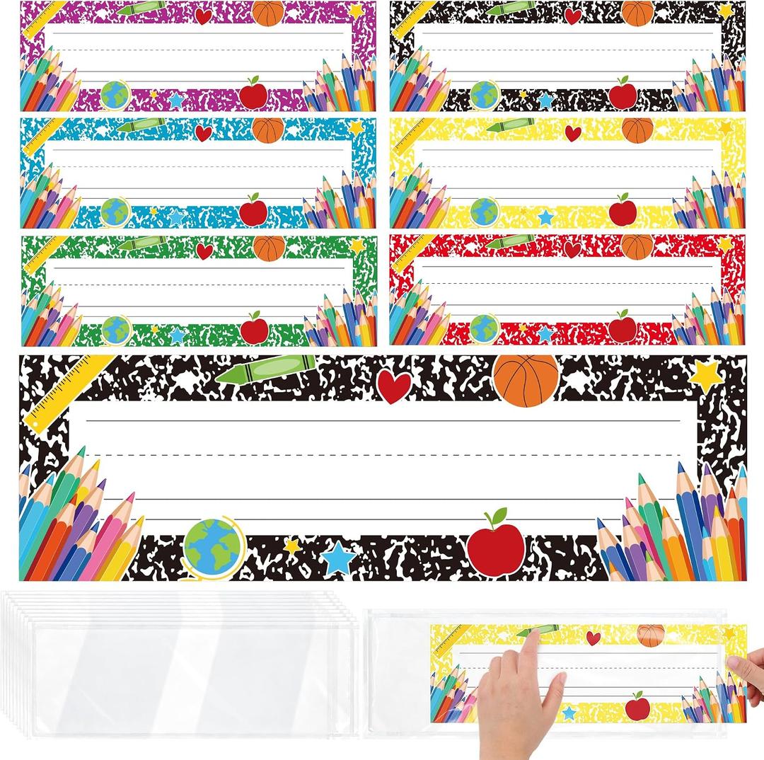 Aodaer 36 Pack Desk Name Tags for Classroom with Clear Cover Self-Adhesive Notebook Name Stickers Student Name Plates for Kindergarten, Preschool, 1st, 2nd, 3rd Grade School Supplies, 13.8 x 3.9 Inch