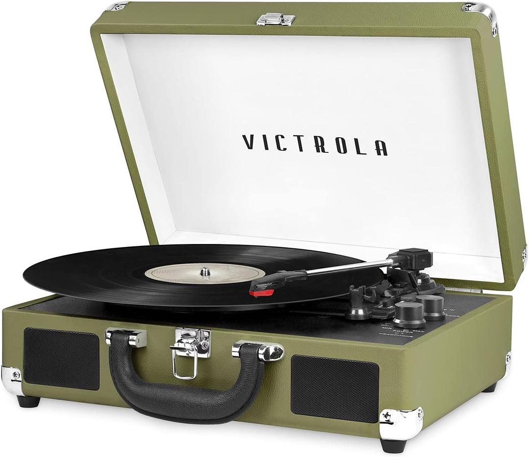 Victrola Journey Bluetooth Portable Suitcase Record Player with Built-in Speakers, 3 Speed Vinyl Record Player, RCA Out, Headphone Jack (Green Olive)
