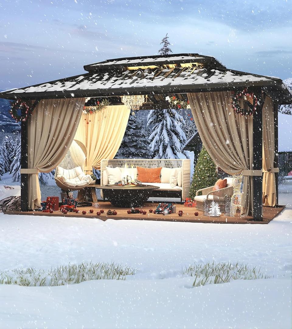 HOTEEL 10x12 Hardtop Gazebo Hot Tub Gazebo with Flame-Retardant Curtain Netting, Heavy Duty Pavilion with Galvanized Steel Double Roof, Aluminum Frame Outdoor Canopy for Patio, Party (2025 Upgraded) (Brown)