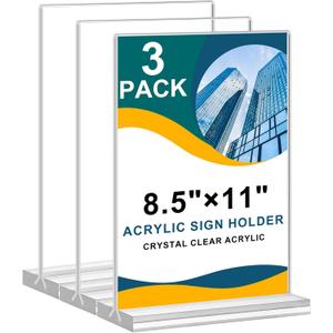 8.5x11 Acrylic Sign Holder 3 Pack Vertical Clear Table Menu Signs Holder,
