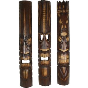 Zeckos Set of 3 Hand-Carved Wood Tiki God Wall Hanging Masks 40 Inches High - Tropical Beach Home Decor - Symbolic Deities Kanaloa, Kne, and Lono - Unique Artisan Craftsmanship