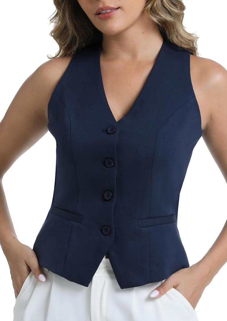 V VOCNI Vest Tops for Women V-Neck Sleeveless Button Down Trendy Vest Waistcoat Dressy Casual Top (X-Large)
