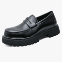 Men's Leather Platform Chunky Slip-On Penny Loafers Classic Round Toe Lug Sole Business Casual Formal Work Shoes Size 46 Black
