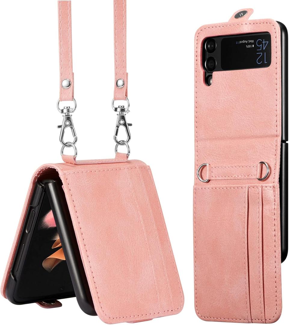 ZCDAYE Wallet Case for Samsung Galaxy Z Flip 4 5G, Leather Case with Card Holder and Long Lanyard - Pink