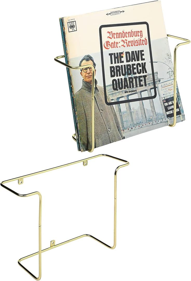 MyGift Modern Metal Wire Wall Mounted Vinyl Records Storage Racks, Hanging LP Record Holders, Floating Album Cover Display Shelves, Set of 2 (Brass-2 Pcs)