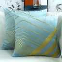 2 x Cyuripu Pack of 2 Velvet Sky Blue Throw Pillow Covers 20x20 Inches with Three-Dimensional Gold Geometric Pattern Soft Decorative Square Cushion Covers for Couch Sofa Bed Living Room Car 50x50 Cm