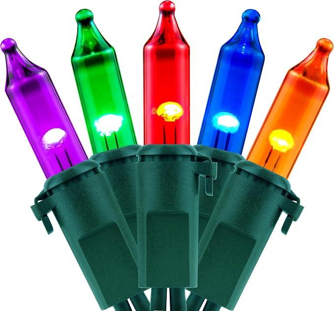 YULETIME 100 Multicolor Christmas Lights, 33 ft Green Wire LED String Light | Incandescent-Like LED Bulbs, End-to-End Connectable, UL Certified, 4" Spacing