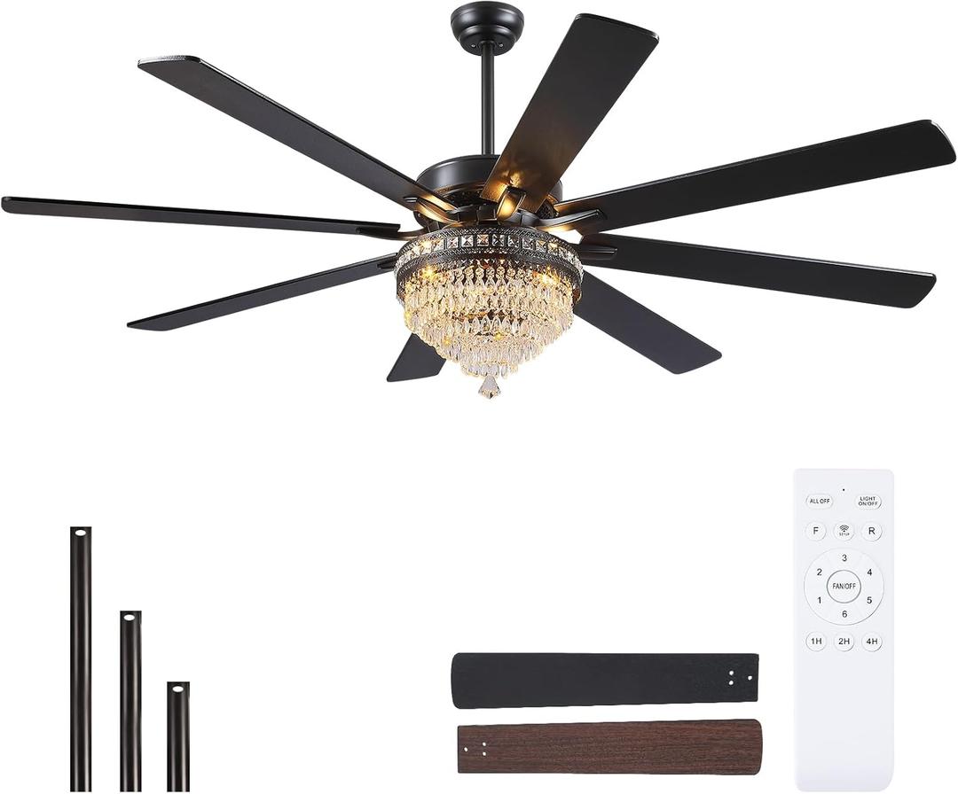 Asyko Crystal Ceiling Fan Fandelier with Lights - Modern Outdoor Fans with Remote Control,Noiseless DC Motor, Retro/Farmhouse Lighting, Dining Room,Living Room (72"