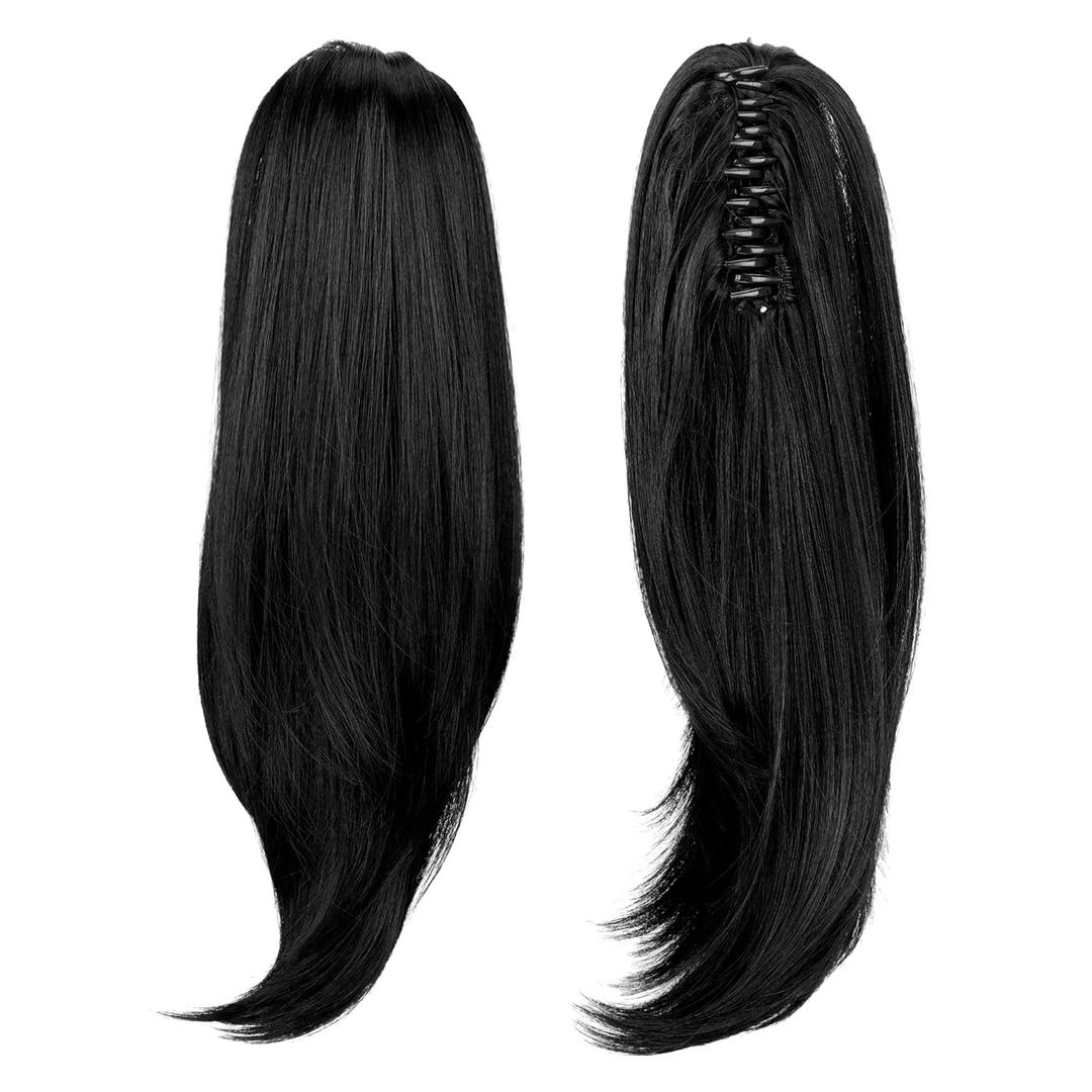 Black Ponytail Extensions,16" Short Straight Claw Clip Pony tails Hair Extensions Natural Soft Synthetic Hairpiece for Women