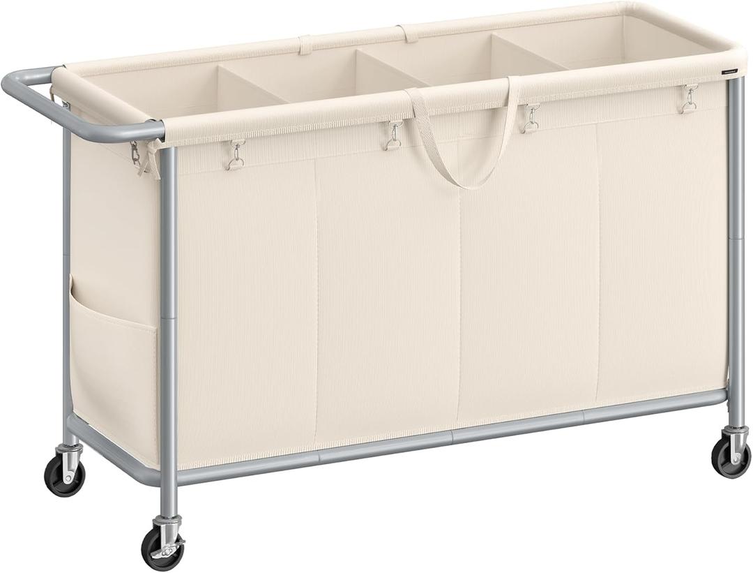 SONGMICS Laundry Basket with Wheels, 4-Section Rolling Laundry Hamper, 68.6 Gallons (260 L), Removable Liner, Steel Frame with Handle, 43.3 x 15.4 x 31.9 Inches, Cream White 