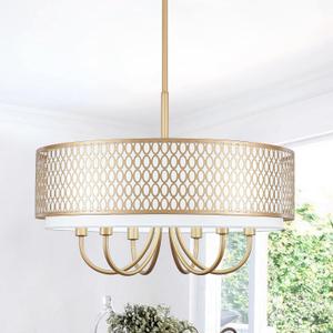 Durm Chandeliers for Dining Room 6 Lights 21.65" Large Farmhouse Gold Chandelier with Fabric Shades Hanging Light Fixture Drum Pendant Lighting for Kitchen Island Dining Room Bedroom Living Room Foyer