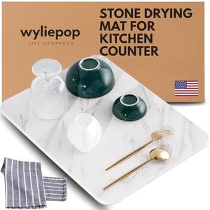 Stone Drying Mat for Kitchen Counter – Diatomaceous Earth Dish Drying Stone (White Marble) – Modern Countertop Drying Rack – Water Absorbent, Heat Resistant, Non-Slip Kitchen Mat with Towel (16"x12")