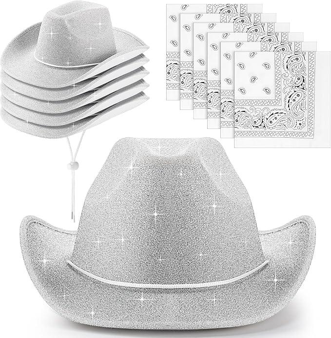Coume 12 Pcs Sparkly Adults Cowboy Hat and Bandanas Women Men Western Glitter Cowgirl Party Hats with Adjustable Drawstring