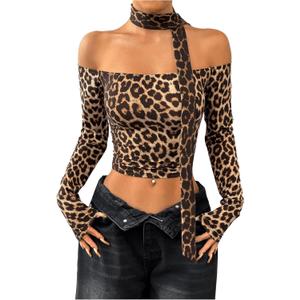 Milumia Women Leopard Print Off Shoulder Long Sleeve Crop Tops with Scarf (Large, Brown)