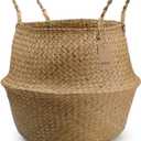 DOKOT Seagrass Plant Basket with Handles, Round Storage Wicker Basket (10.6inch Diameter x 12.5inch Height, Natural)