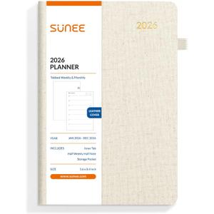 SUNEE 2026 Weekly and Monthly Planner 5.5" x 8.3" (January 2026-December 2026), Half Weekly Half Note, Small Yearly Calendar Planner, Vegan Linen Hardcover, 100 GSM Paper, Notes, Inner Pocket, Beige