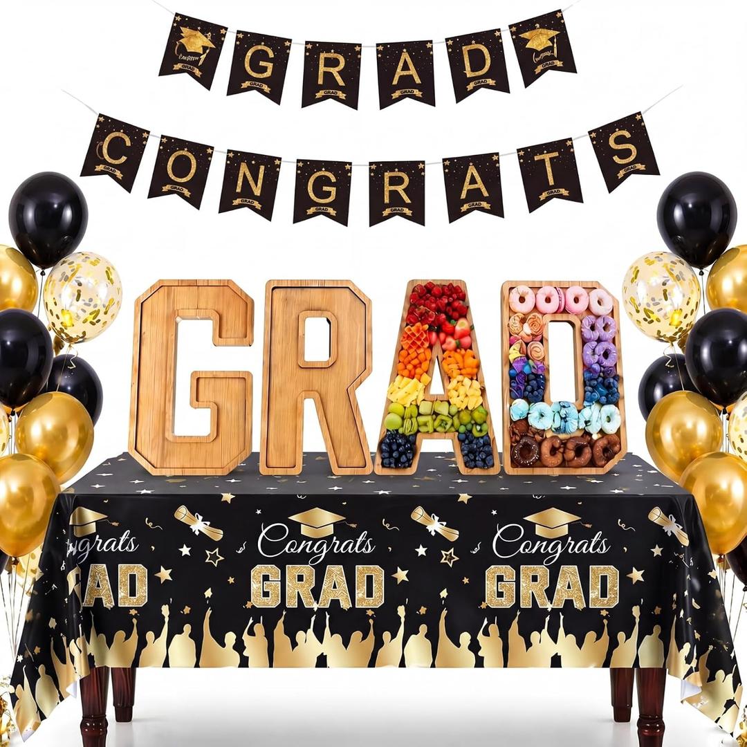 Mindsoft 30 Pcs Charcuterie Board Graduation Decorations Sets 2026 Grad Bamboo Fillable Box with Black and Gold Tablecloth, Congrats Banners, Balloons Graduation Party Supplies for High School College