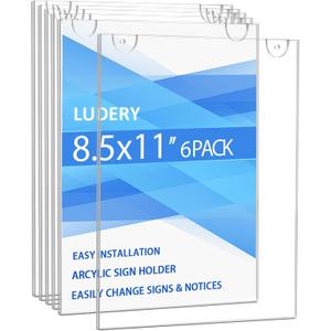 Acrylic Sign Holder 8.5 x 11 Vertical, Wall Mount Document Holder, Clear Plastic Picture Frame with Tape Adhesive and Screws for Office, Home, Store, Restaurant - 6 Pack