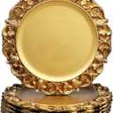 13" Antique Gold Charger Plates, Set of 6 Plastic Textured Chargers for Dinner Plates with Embossed Rim, Table Dcor, Party, Wedding, Holiday (FD01G)