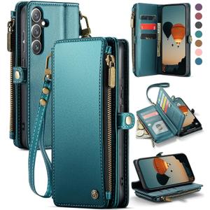Defencase Compatible with Galaxy A15 5G Case Wallet with RFID Blocking Card Holder for Women Men, PU Leather Magnetic Snap Flip Zipper Strap Wallet Phone Case Fit for Samsung Galaxy A15 5G, Blue Green