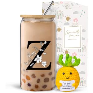 Monogrammed Initial Glass Cup with Lids and Straws, Personalized Gift Set with Doll, 16 Oz Ice Coffee Cup for Women, Birthday Christmas Mothers Day Gift for Her, Z