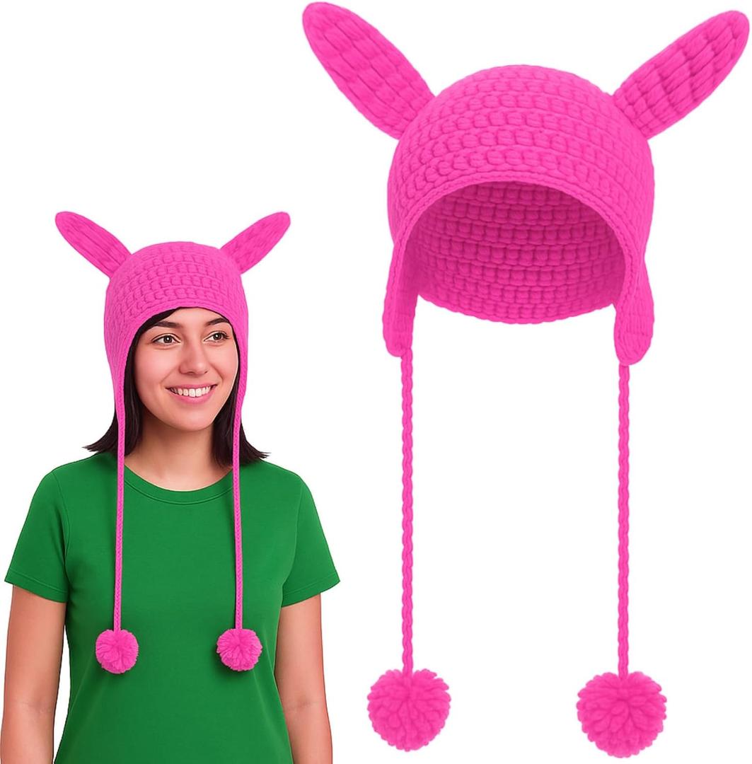 Pink Bunny Ears Beret Hat Halloween Rabbits Cartoon Style Fleece Hats with Floppy Pink Standing Ears Knitted Costume Cap for Halloween Costume Party Accessory