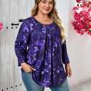 Plus Size Tunic Tops for Women 3/4 Sleeve Tunics Loose Fit Shirt Crew Neck Pleated Solid Casual Dressy Blouses (Purple, XXL)