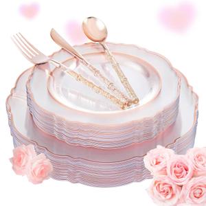 Liacere 150PCS Rose Gold Plastic Plates - Clear Rose Gold Disposable Plates with Glitter Bamboo Handle Cutlery - 60 Baroque Elegant Plates, 30 Forks, 30 Spoons, 30 Knives for Wedding Valentine's Day