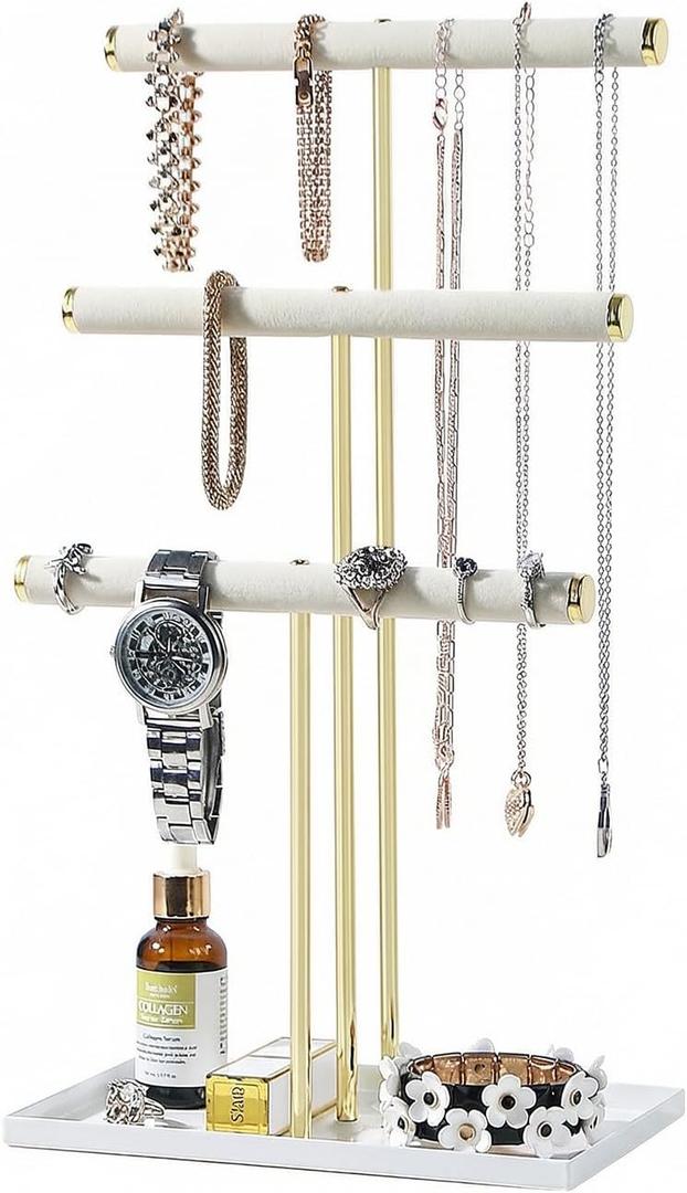 Necklace Display Holder, Jewelry Organizer Stand Earrings Bracelet Holder, 3 Tier Jewelry Display Tower Rack with Metal Frame and Ring Tray for Women (Gold)