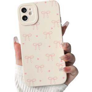 NITITOP Compatible with iPhone 11 Case Cute Aesthetic Bow Ribbon Love Heart Pattern Design for Women Girls Soft TPU Bowknot White Back Shockproof Protective Phone Cover - Pink