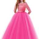 Girls Flower Vintage Floral Lace 3/4 Sleeves Floor Length Dress Wedding Party Evening Formal Pegeant Dance Gown (11-12 Years, Hot Pink)