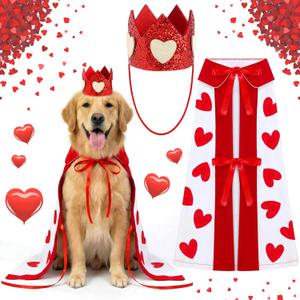 Hillban Valentine's Day Dog Costume Heart Crown and Cape Cover Set Dog Queen Valentines Outfit Heart Cape Hat for  Dogs and Pets (Large)