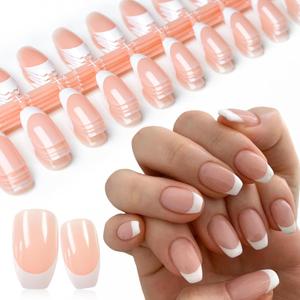 120Pcs Pink Nude White French Tip Press on Nails Coffin Fake Nail, Full Cover Glossy False Nails Acrylic Glue on Nails with 5 Sheets Adhesive Tabs for Women Girls Finger Nails Finish Design