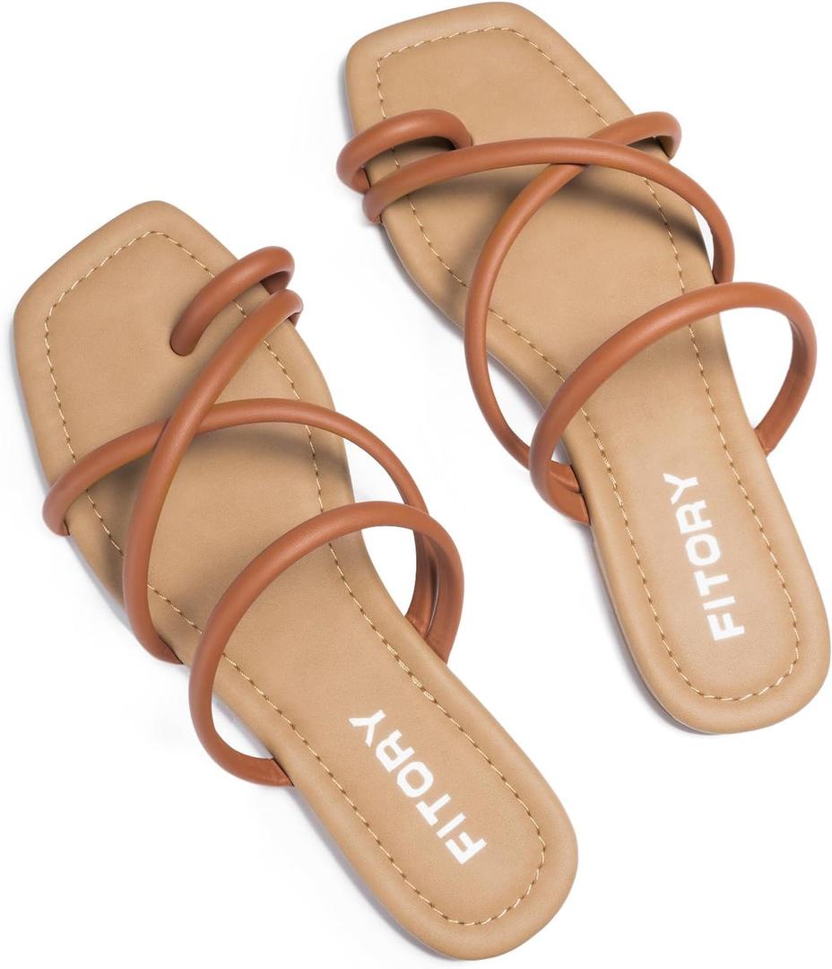 FITORY Women's Slide Sandals Flat Toe Ring Thongs with Cross Strap for Summer Size 11 Brown