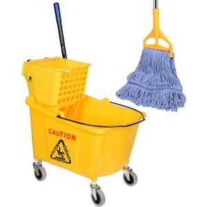 Side Press Wringer Combo Commercial Mop Bucket on Wheels, Including 1 Set Commercial Mop Handle with 1 Pack Blue Mop Heads, 35 Quart, Yellow Bucket