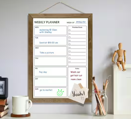 Dry Erase White Board Weekly Calendar Board, Magnetic Whiteboard for Wall,17.7“x23.6 Solid Wood Pink Framed Message Board, Planner Board for Office, Home, School（Weekly-BB-PK-4560） 